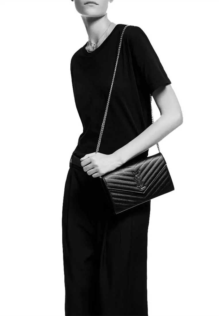 YSL Matelasse Chain Wallet In Grain De Poudre Embossed Leather Black/Silver 377828BOW02