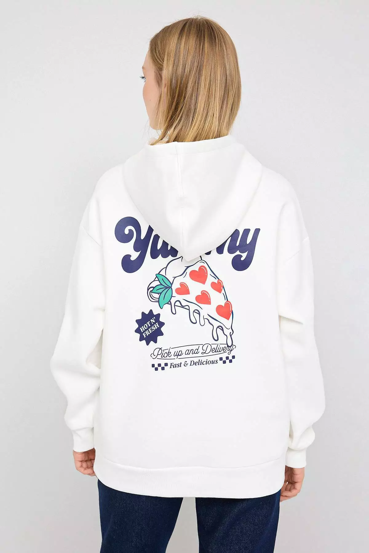 Teen Ecru Back Printed Oversize/Wide Pattern Hooded Knitted Sweatshirt