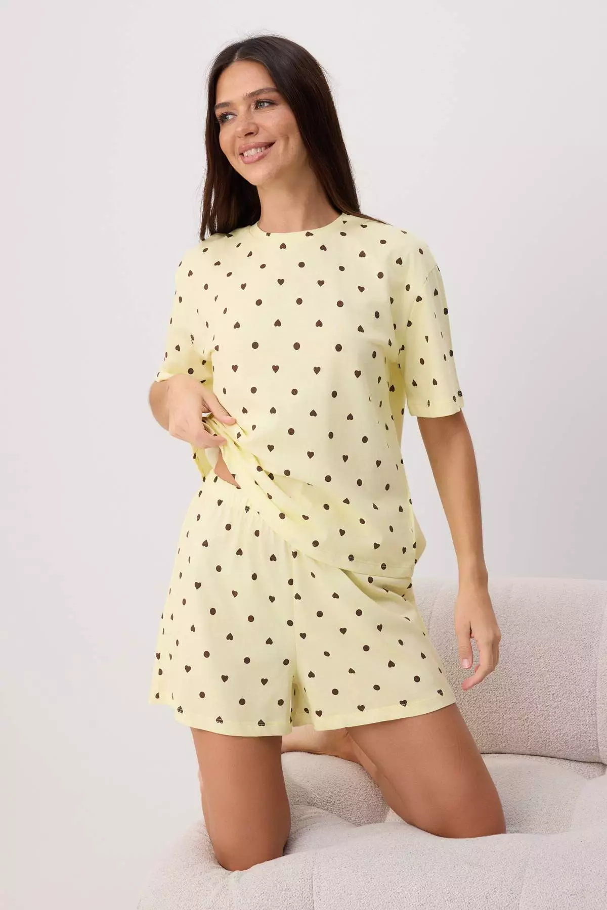 Yellow 100% Cotton Polka Dot And Heart Shorts Knitted Pajamas Set Thmss21Pt1485