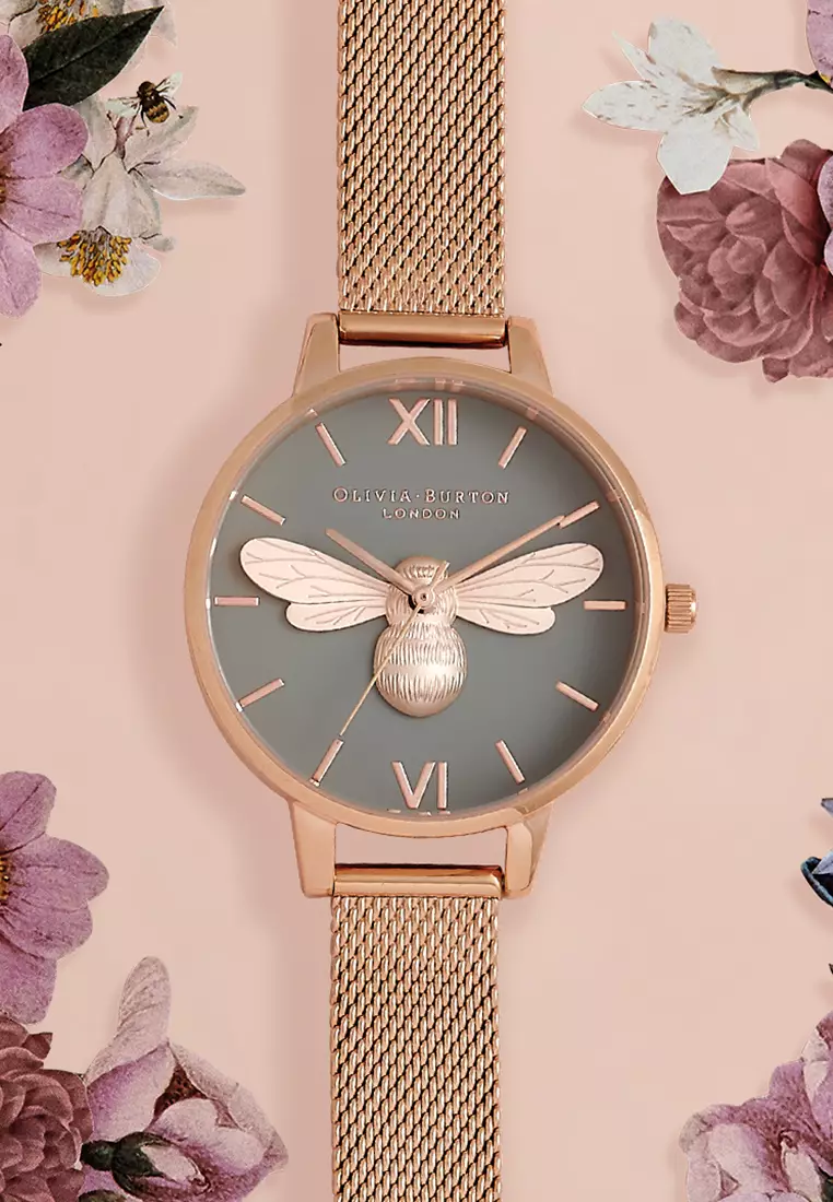 Glitter dial lucky bee online & rose gold mesh