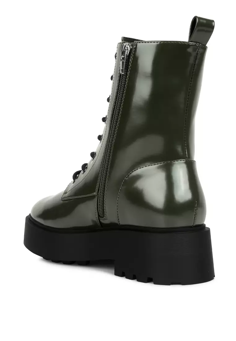 Buy London Rag Dark Green Faux Leather Ankle Biker Boots Online