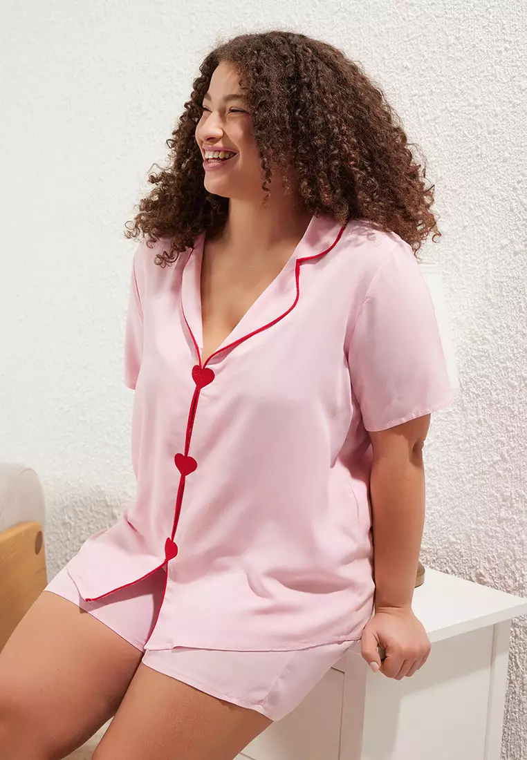 Pink Heart Embroidery and Piping Detail Viscose Woven Pajama Set TBBSS25AI00015