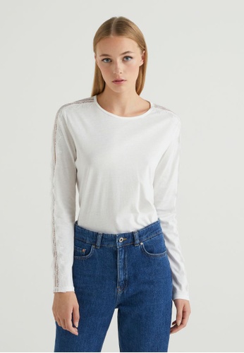 United Colors of Benetton white T-shirt with lace details E951EAABAF6A01GS_1