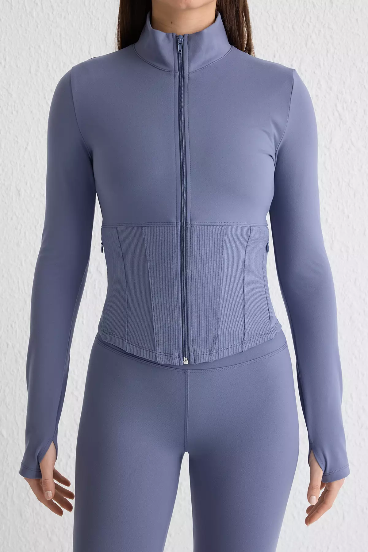 Indigo Brushed Soft Fabric Thumb Hole Knitted Sports Jacket/Sweatshirt
