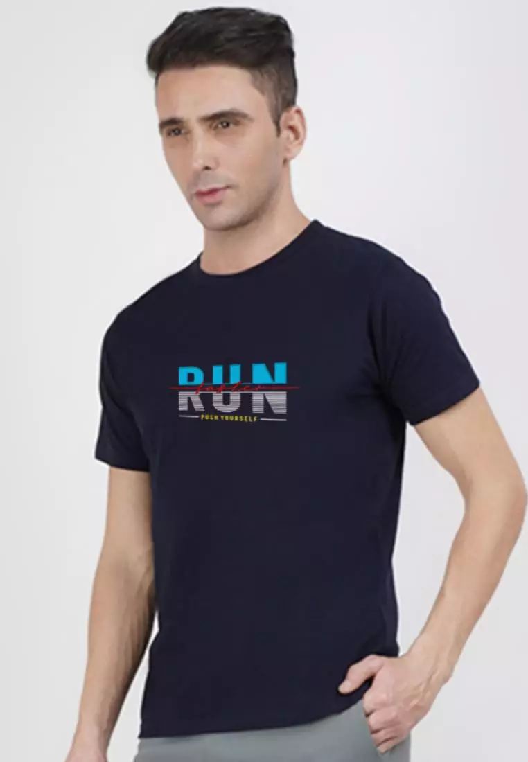 Run Graphic Print Navy Blue  Cotton Blend Short Sleeve Essential T-Shirt