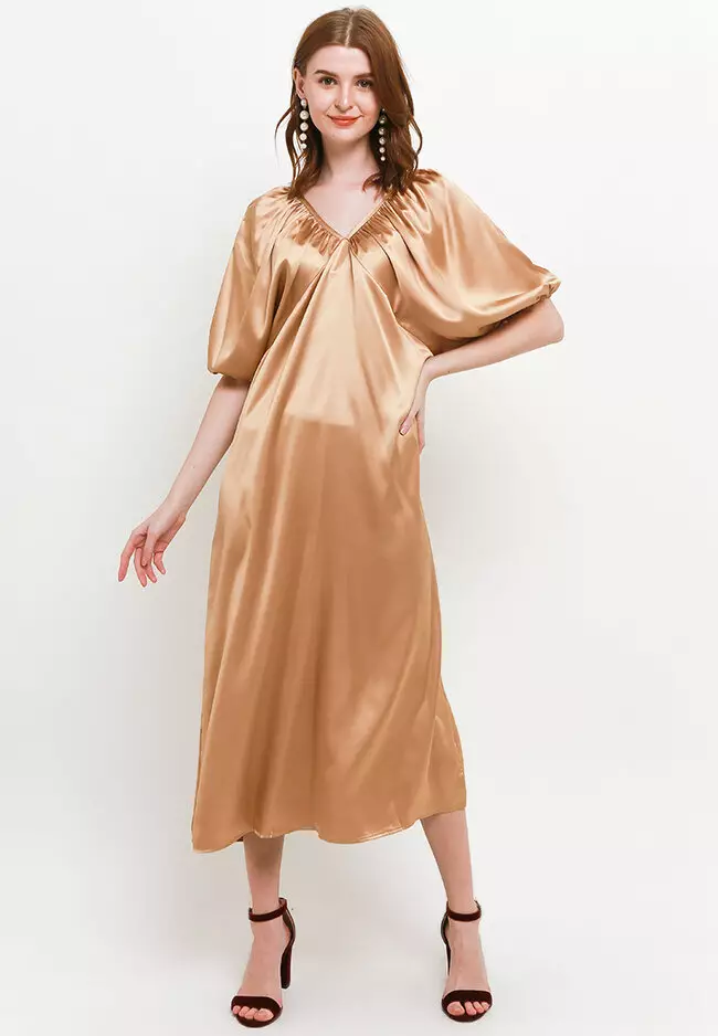 Deep V Neck Cross Back Silky Puff Sleeve Dress