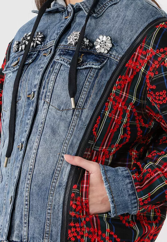 Red plaid denim best sale jacket