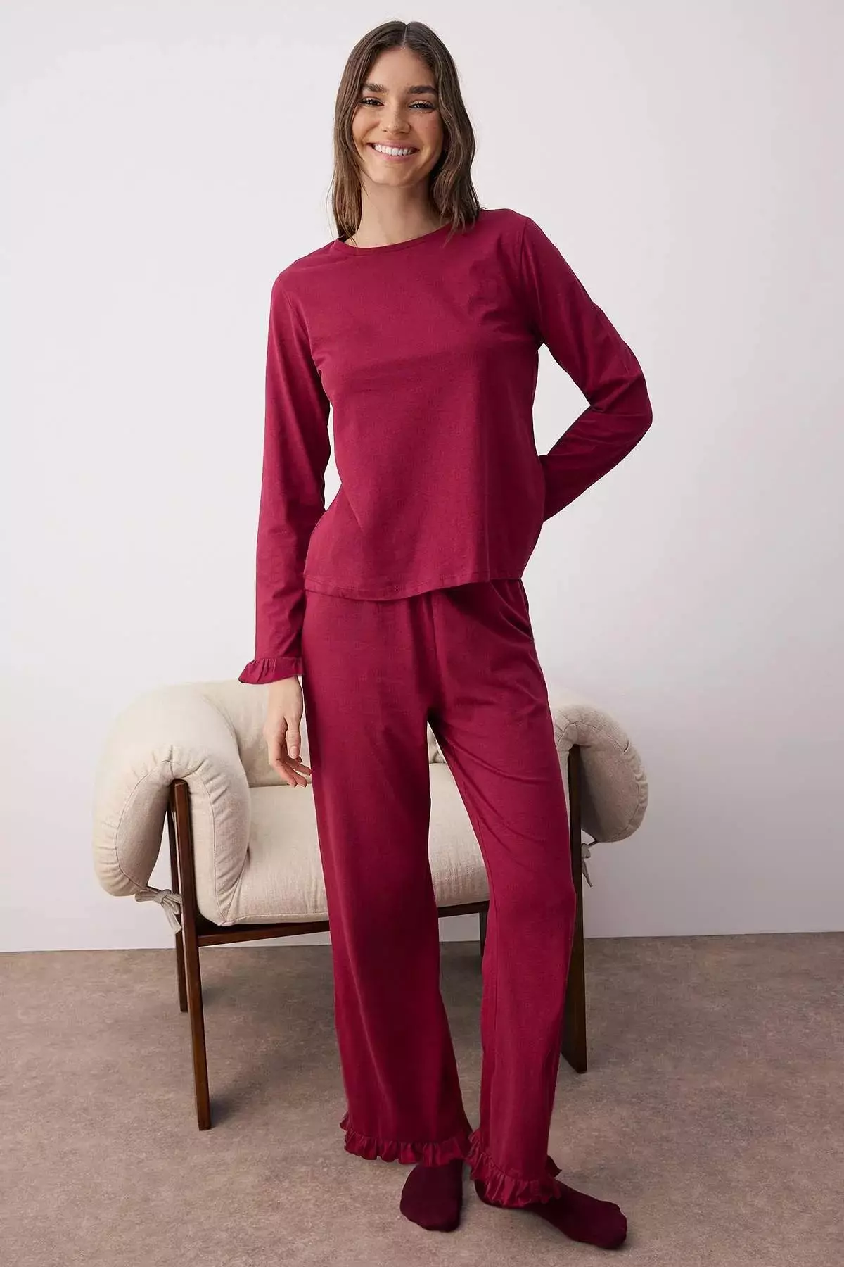 Burgundy 100% Cotton Ruffle Knitted Pajama Set Thmaw26Pt00057