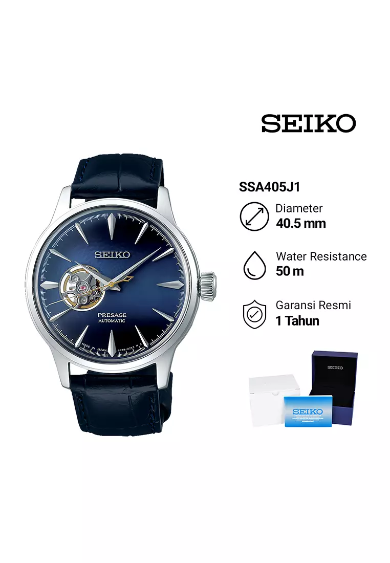 Seiko Presage SSA405J1 Cocktail Time - Jam Tangan Automatic Pria - Blue Moon Open Heart Dial Blue Leather Strap