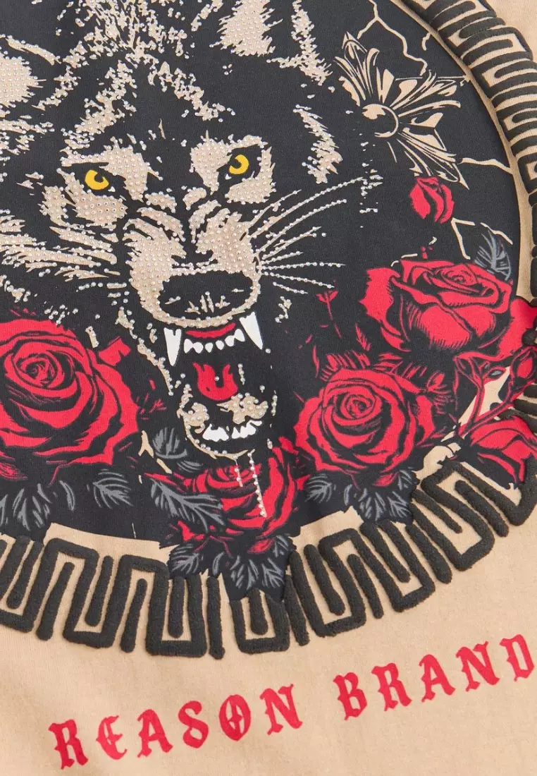 NYC Streetwear - Rhinestones Wolf Short Sleeves Tee - Khaki