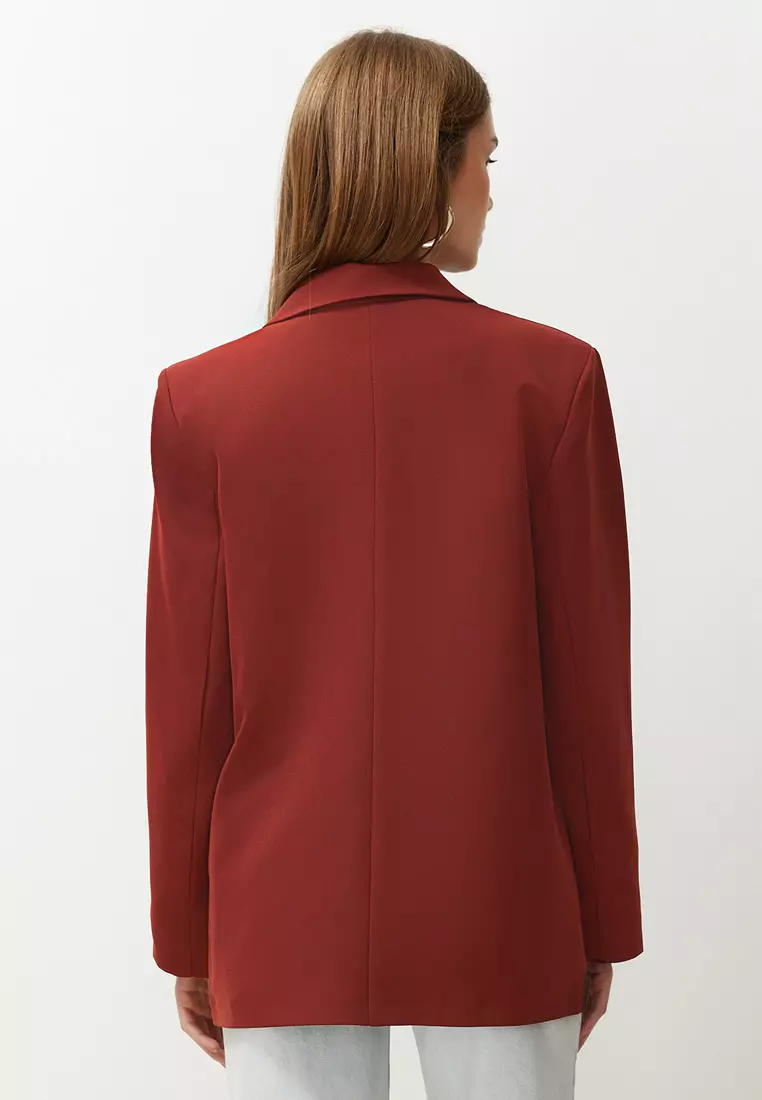Burgundy Tile Oversize Straight Cut Basic Double-Breasted Woven Blazer Jacket Twoss24Bc28