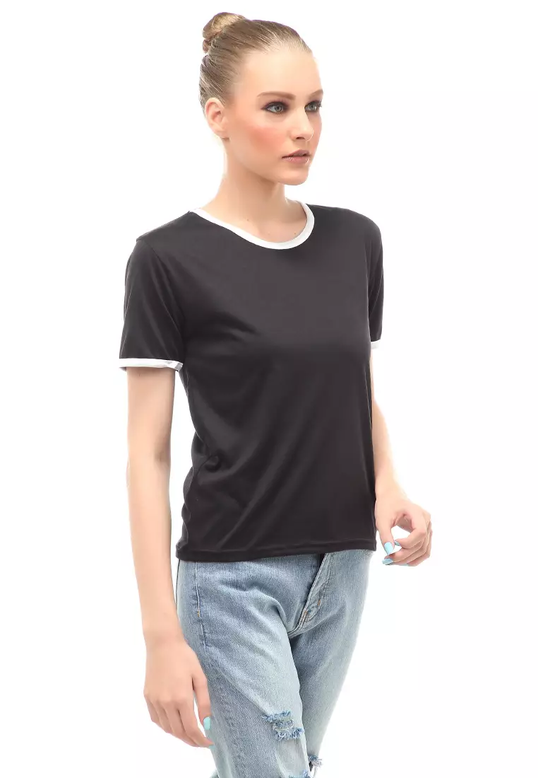 Kaos Oversize List Short Sleeves Design Simple Relaxed Fit - Hitam