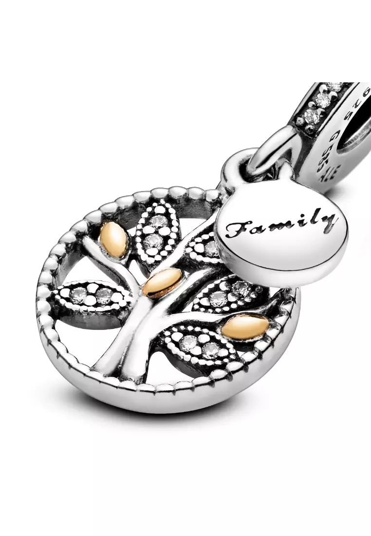 Family Tree Silver Dangle With 14k And Clear Cubic Zirconia