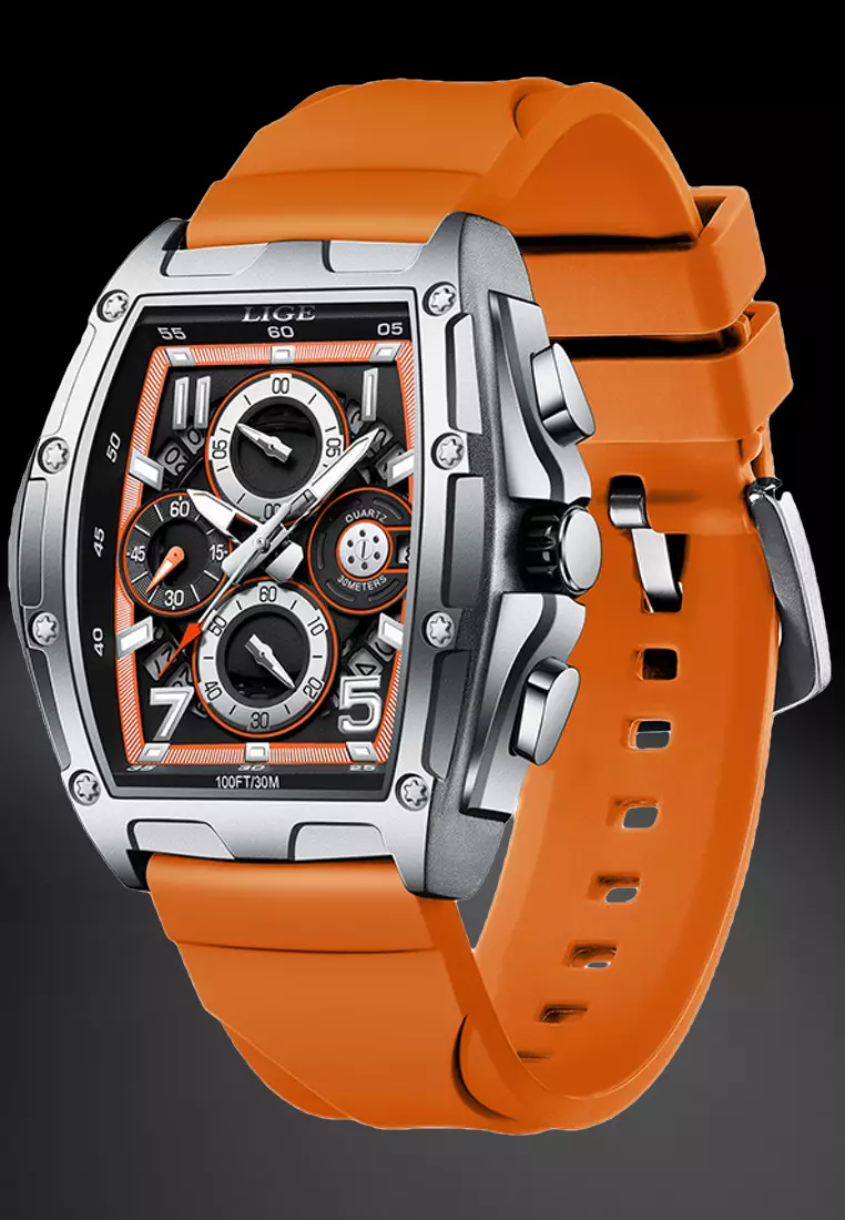 Unisex Tonneau Shaped Stainless Steel Quartz Watch on Rubber Strap