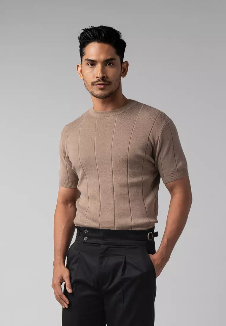 Mens Striped Knitted T-Shirt Cotton Light Brown SS
