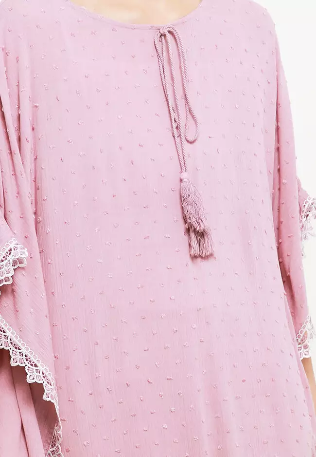 2 Tone Lace Trimmed Swiss Dot Batwing Kaftan