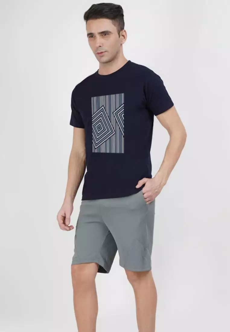 动态图案图形海军蓝色棉质短袖标准版型 T 恤