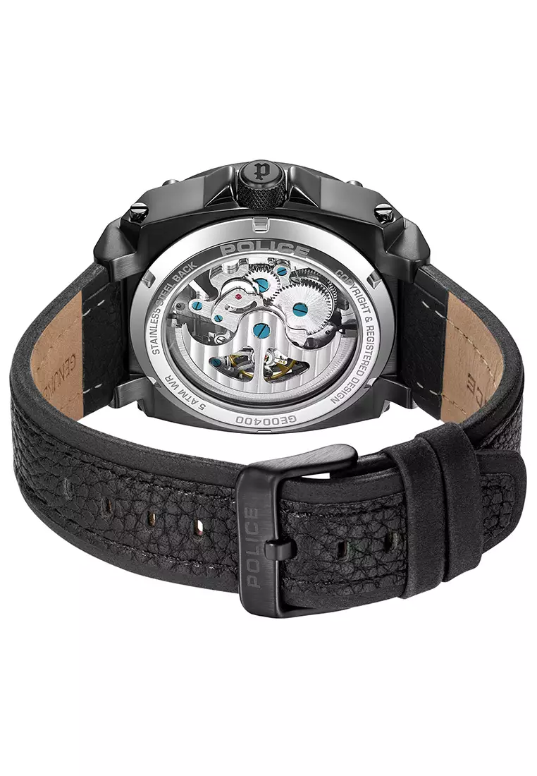 Police Norwood Black Leather Analog Automatic Watch For Men PPEWGE0040003