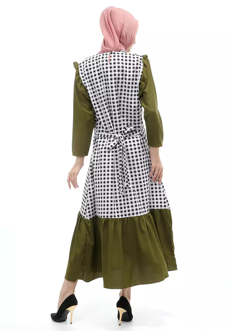 Ghina Gamis Tartan Muslimah Long Casual Wanita Regular Fit - Army