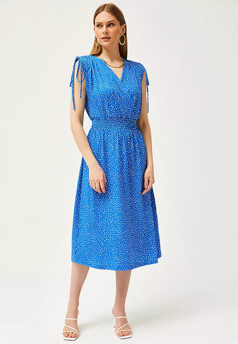 Polka Dot Print Gathered Waist Dress