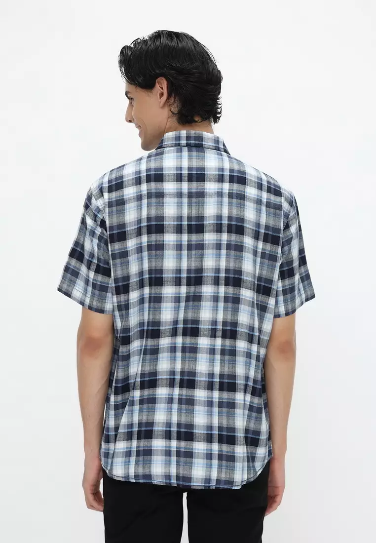 POLICE Kemeja Kotak Cotton Twill Slub Biru Putih Regular Fit Pria