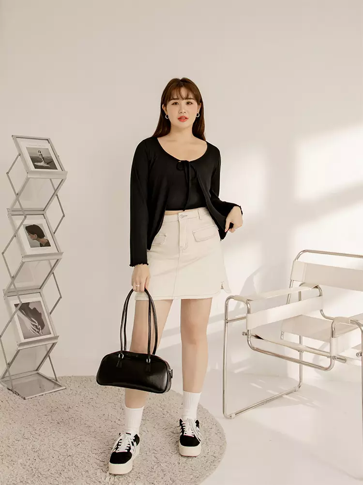 Elastic striped tie-front long-sleeve overlay top [EA3663]