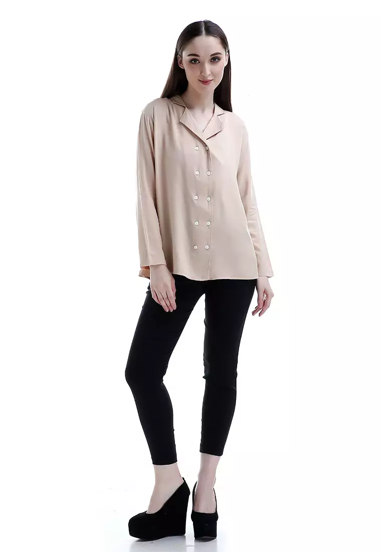 Arabelle Kemeja Kasual Motif Solid Long Sleeve Shirt Woman - Cream