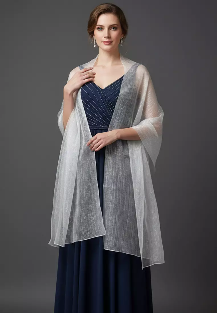 Metallic Stripes Embellish 100% Silk Shawl Syal Sutra Wanita Evening Shawl White & Silver