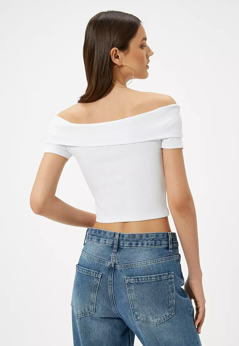 Crop Off The Shoulder Madonna Collar T-Shirt Ribbed Short Sleeve Knot Detail