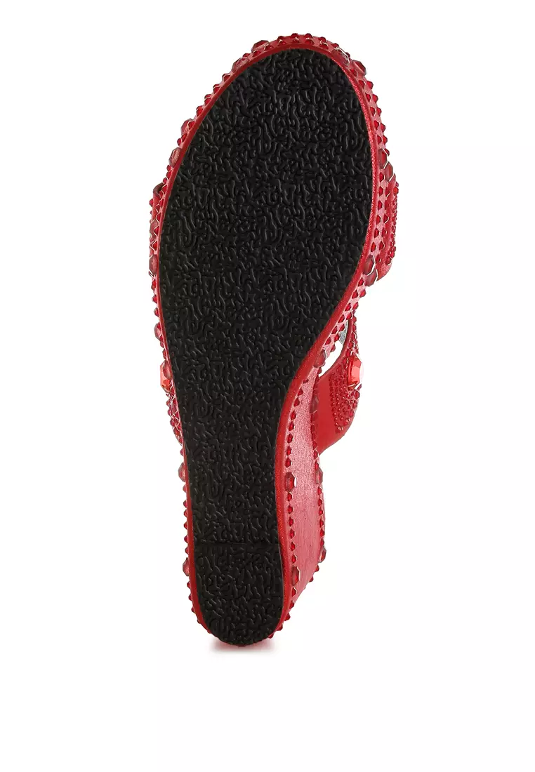 Rhinestone & Diamante Wedge Sandals in Red