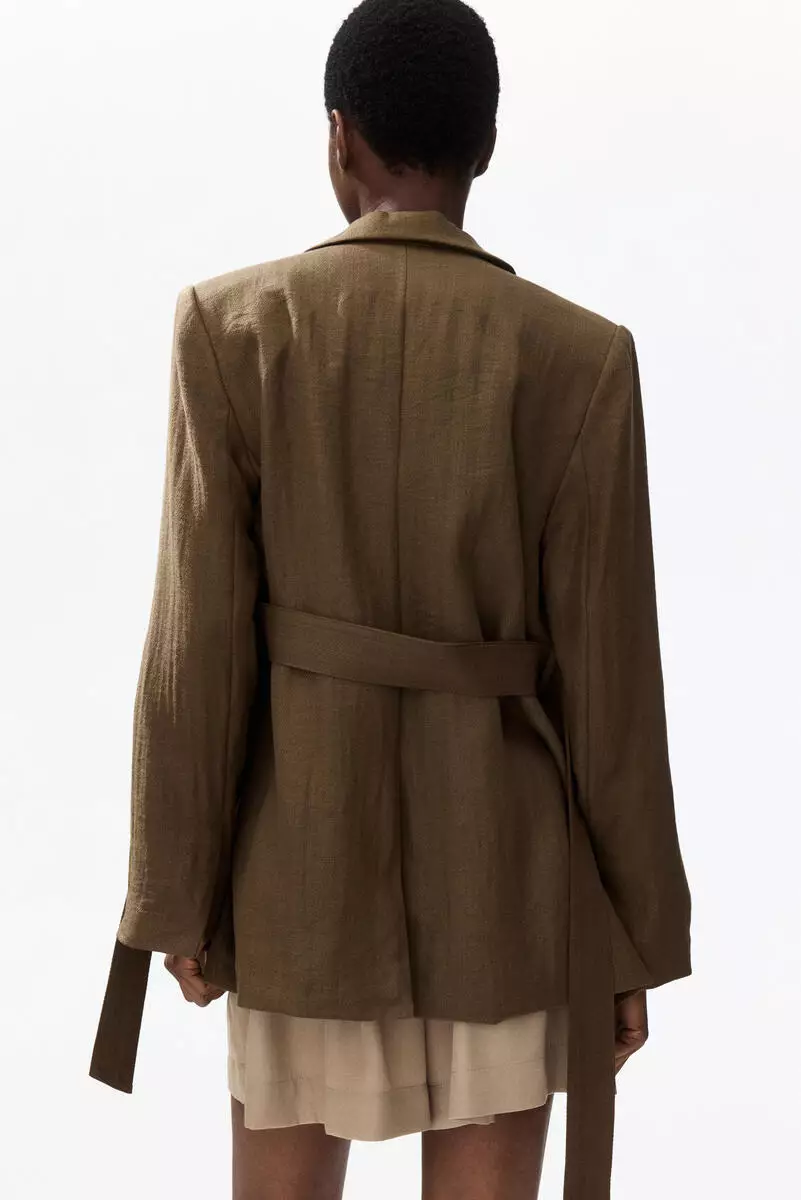 Textured-weave tie-belt blazer