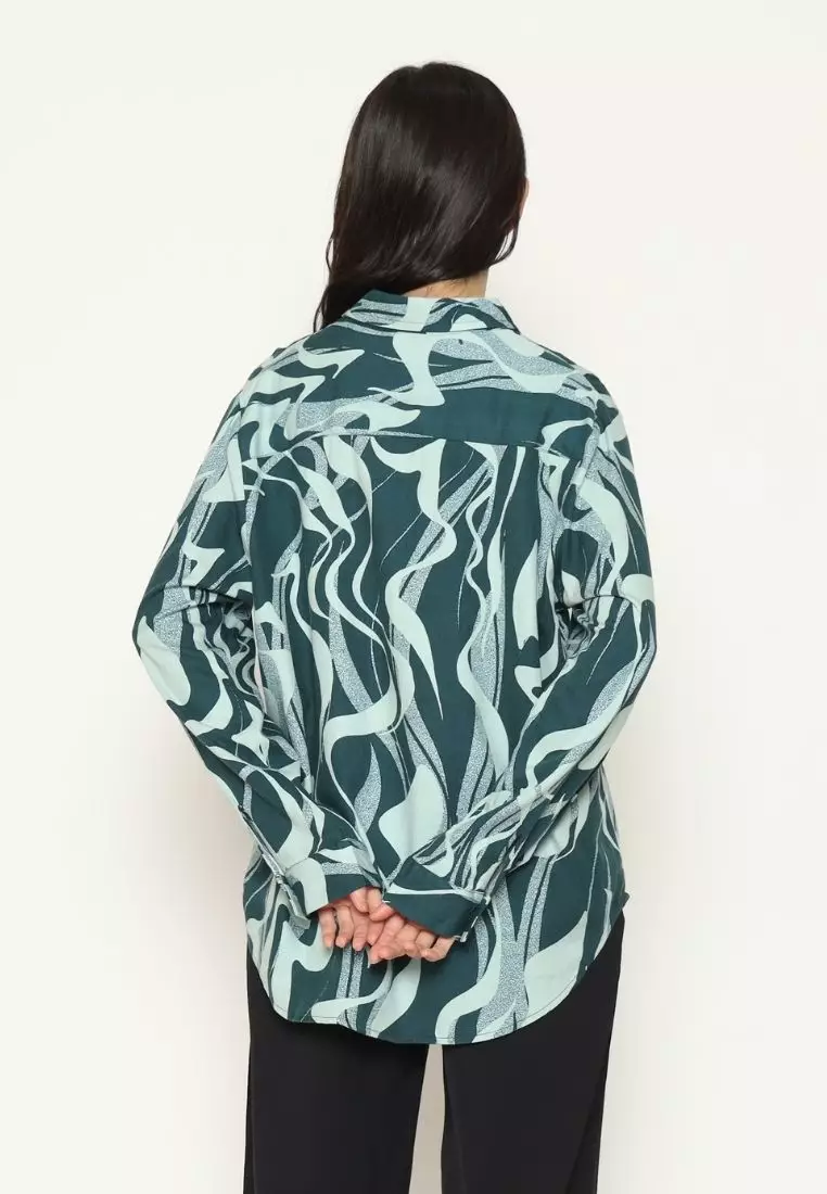 Urban Exchange Shirt Cherry Printed Green - Printed Shirt Kemeja Oversize