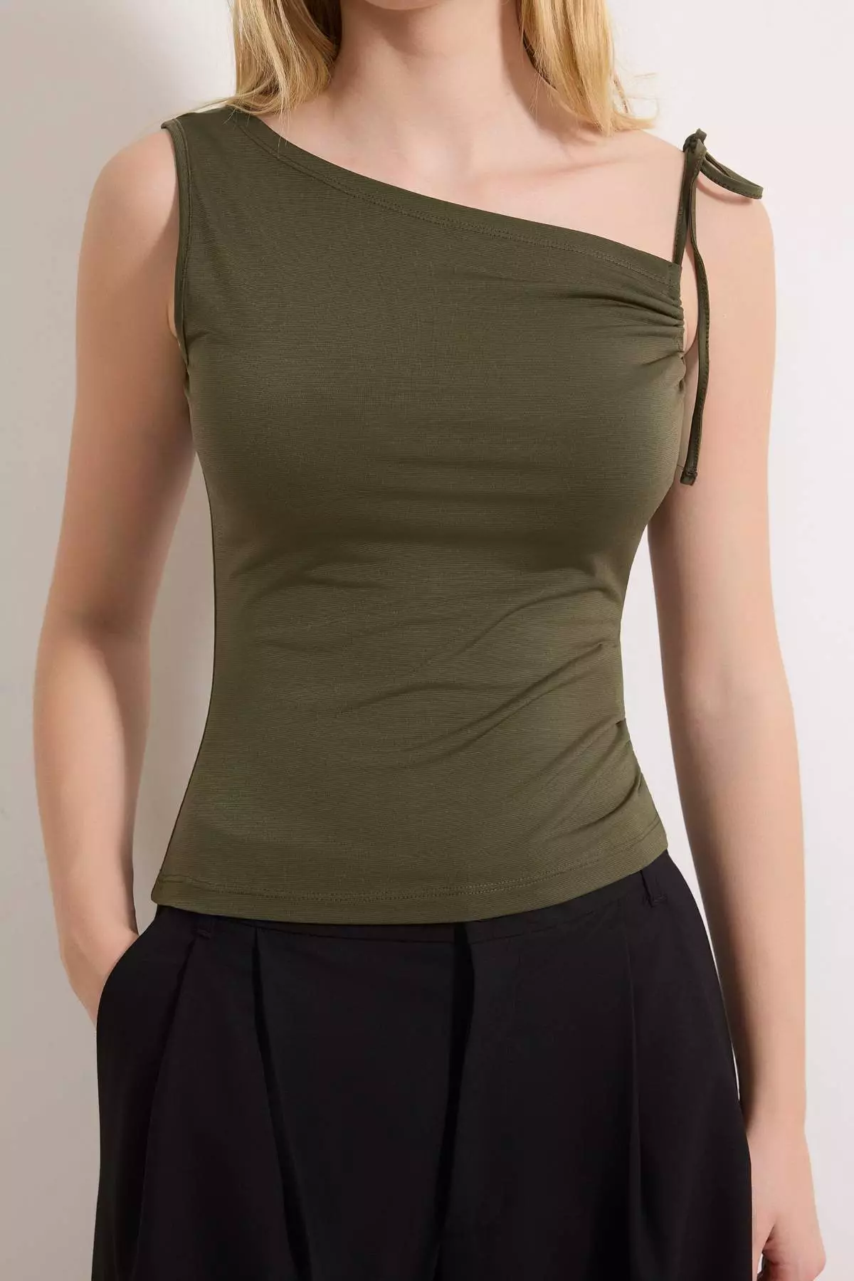 Khaki Fitted/Bodycon Asymmetrical Neck Sleeveless Tie Detail Stretchy Knitted Blouse Twoss26Bz78