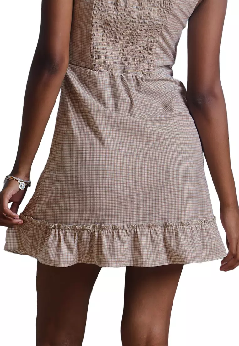 Checkered Button Down Mini Dress with Contrast Piping Detail