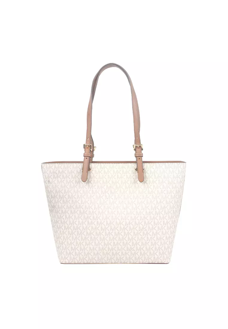 Buy Michael Kors Jet Set Medium Logo Pocket Tote Bag In Vanilla - Main Image