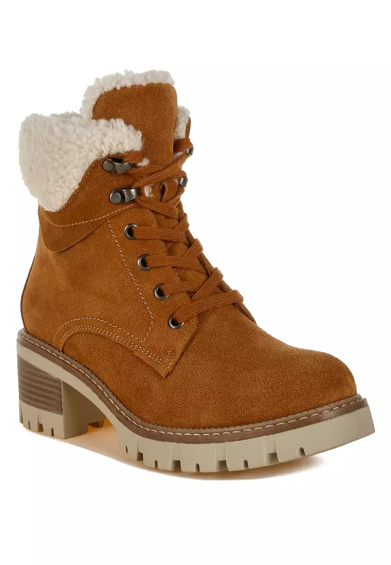 Fur Collar Chunky Ankle Boots in Tan