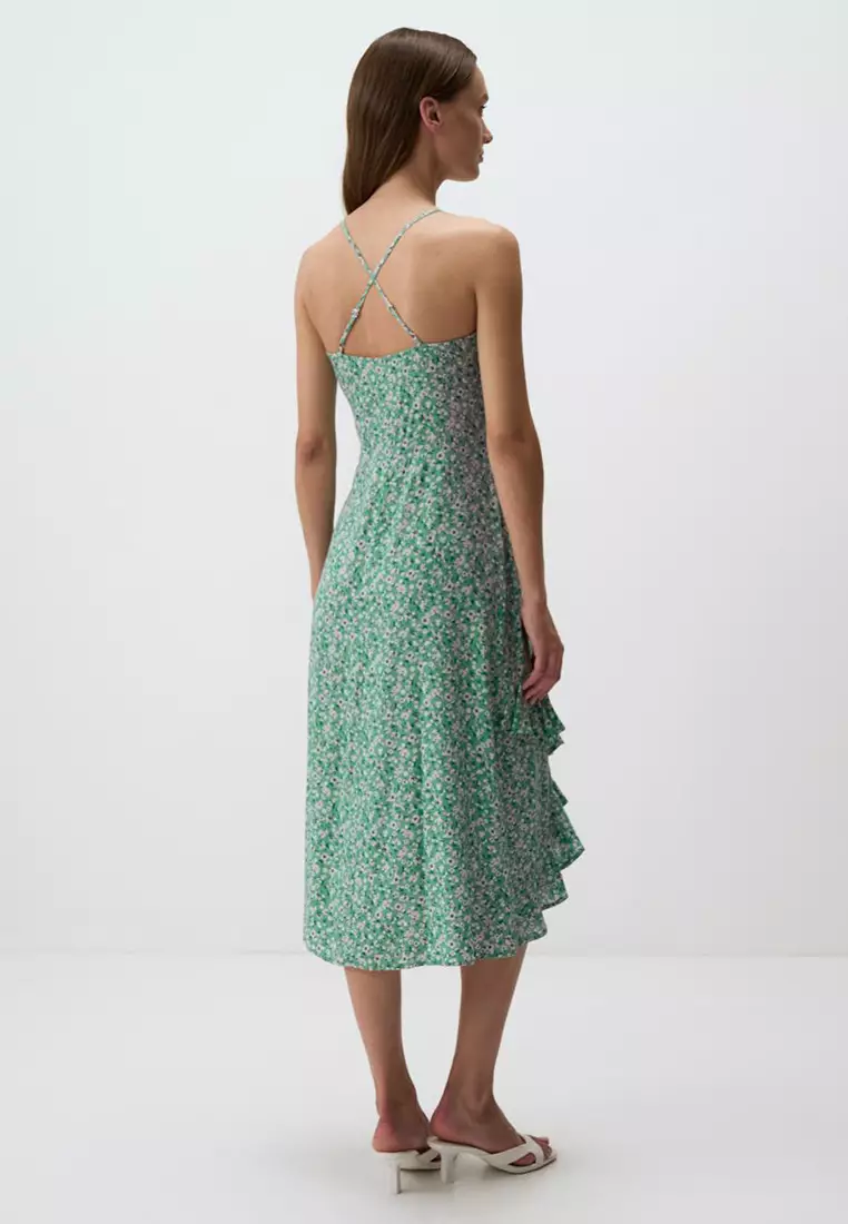 Jimmy Key Mint Green Narrow Cut Straps V-Neck Patterned Midi Dress