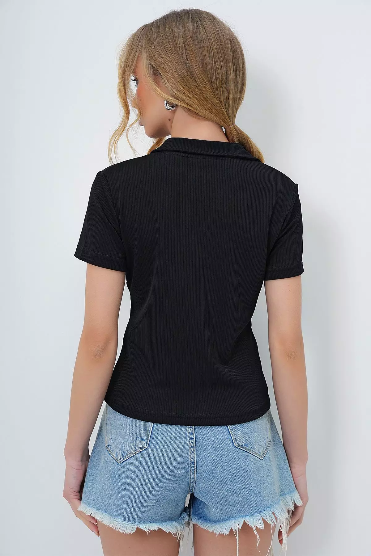 Women's Black Polo Neck Front Zip Short Sleeve Blouse