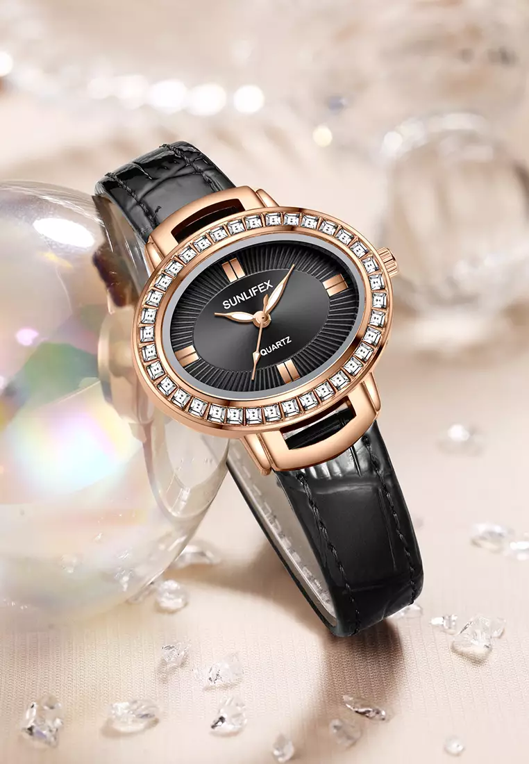 Jam Tangan Wanita Original Korea Kuarsa Antik Tali Kulit Kasual Oval Jam Tangan Cewek E052 black