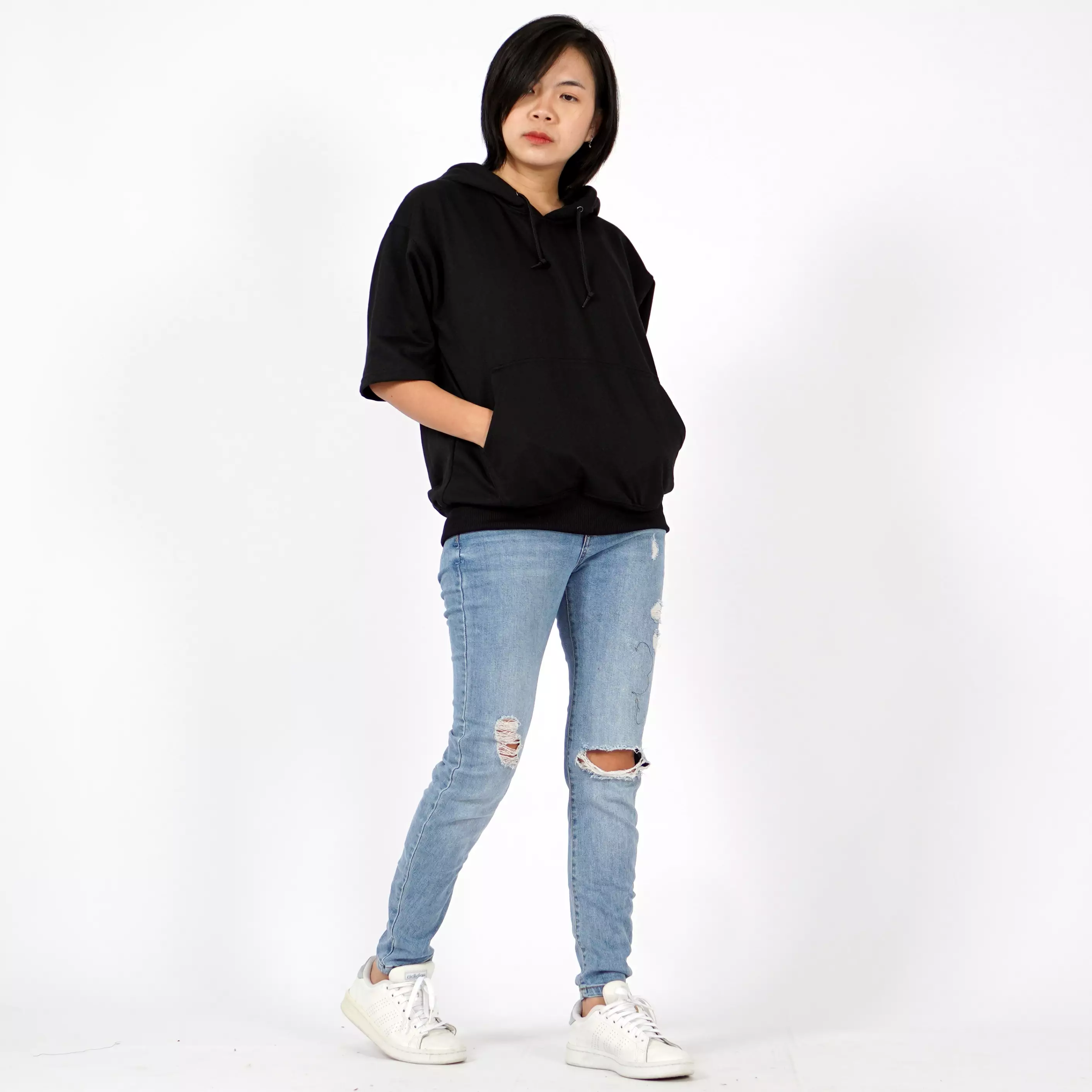  RICHA Top Hoodie Lengan Pendek Wanita Sweater Hoodie Short-HITAM