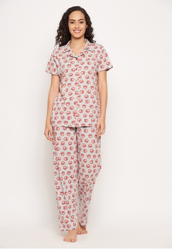 Clovia grey Clovia Owl Print Button Me Up Shirt & Pyjama Set in Grey - 100% Cotton 92DEDAA7CDB226GS_1