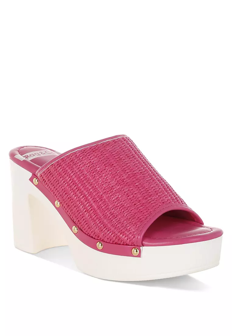 Raffia Wooden Clogs In Pink