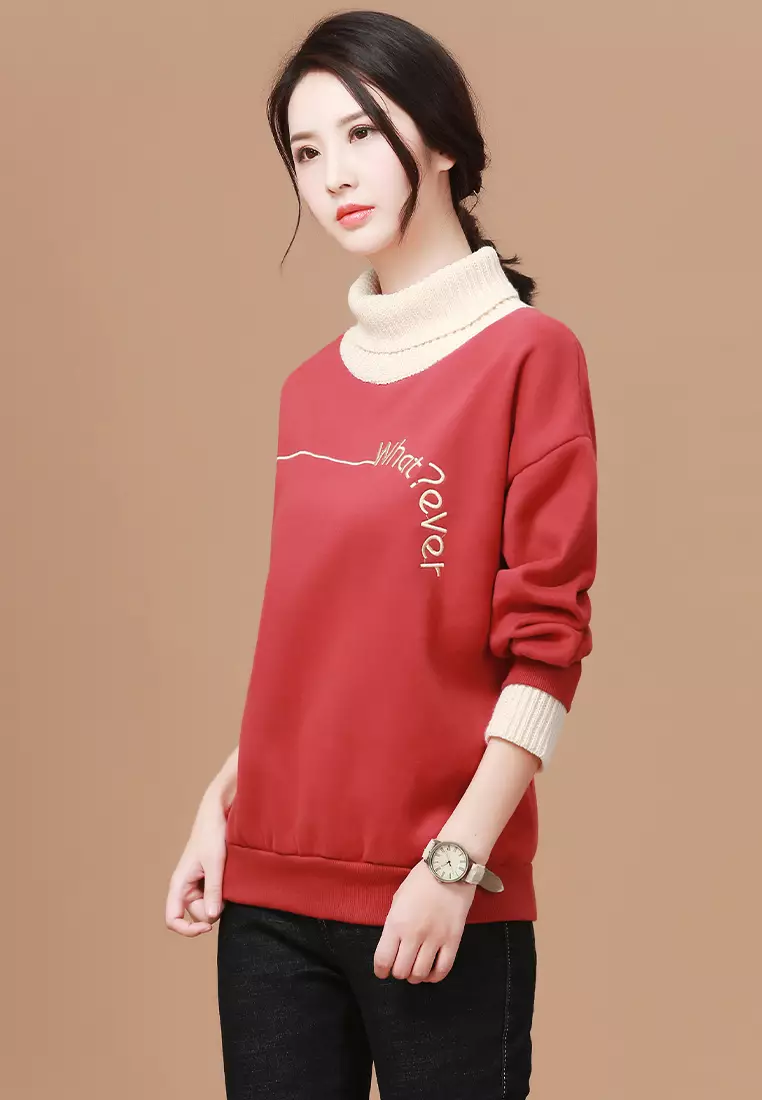 Buy A IN GIRLS Cuffed High Collar Plus Velvet Letter Sweater 2024