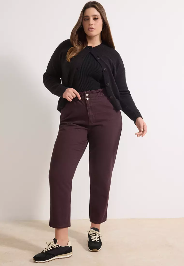 Burgundy High Waist Elastic Waist 100% Cotton Plus Size Mom Jeans Tbbaw23Je00002
