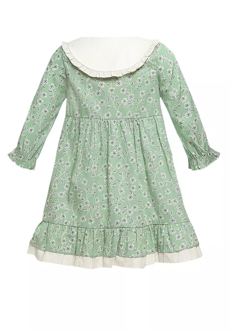 Qna Girl Qafiya Dress Midi Anak Hijau Motif Bunga