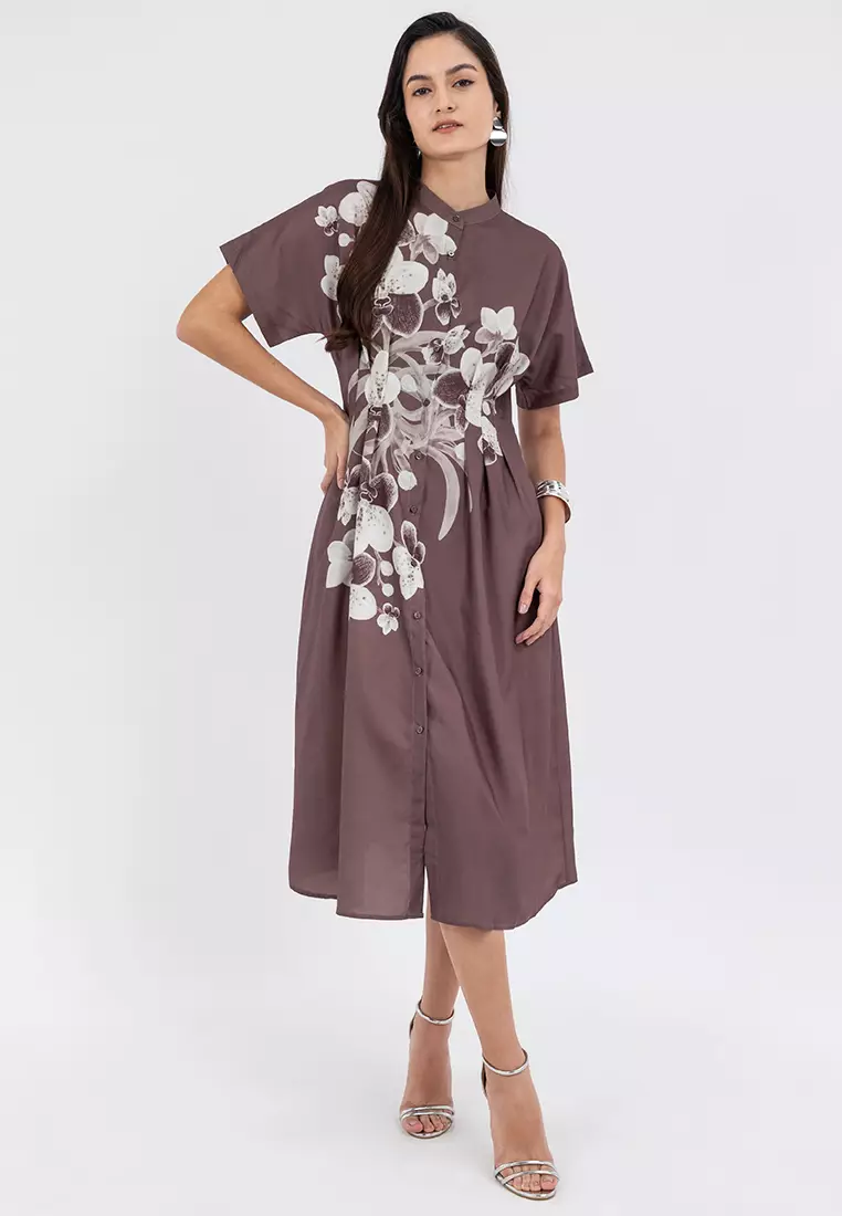 DUCELIA Pleated Front Filipiniana Dress
