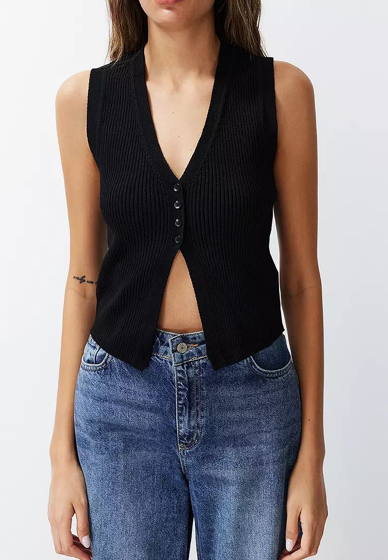 Black Crop Special Yarn Top Knit Vest