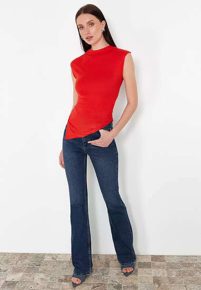 Red Stand Collar Gather/Drape Detailed Fitted/Asymmetrical Knitted Blouse
