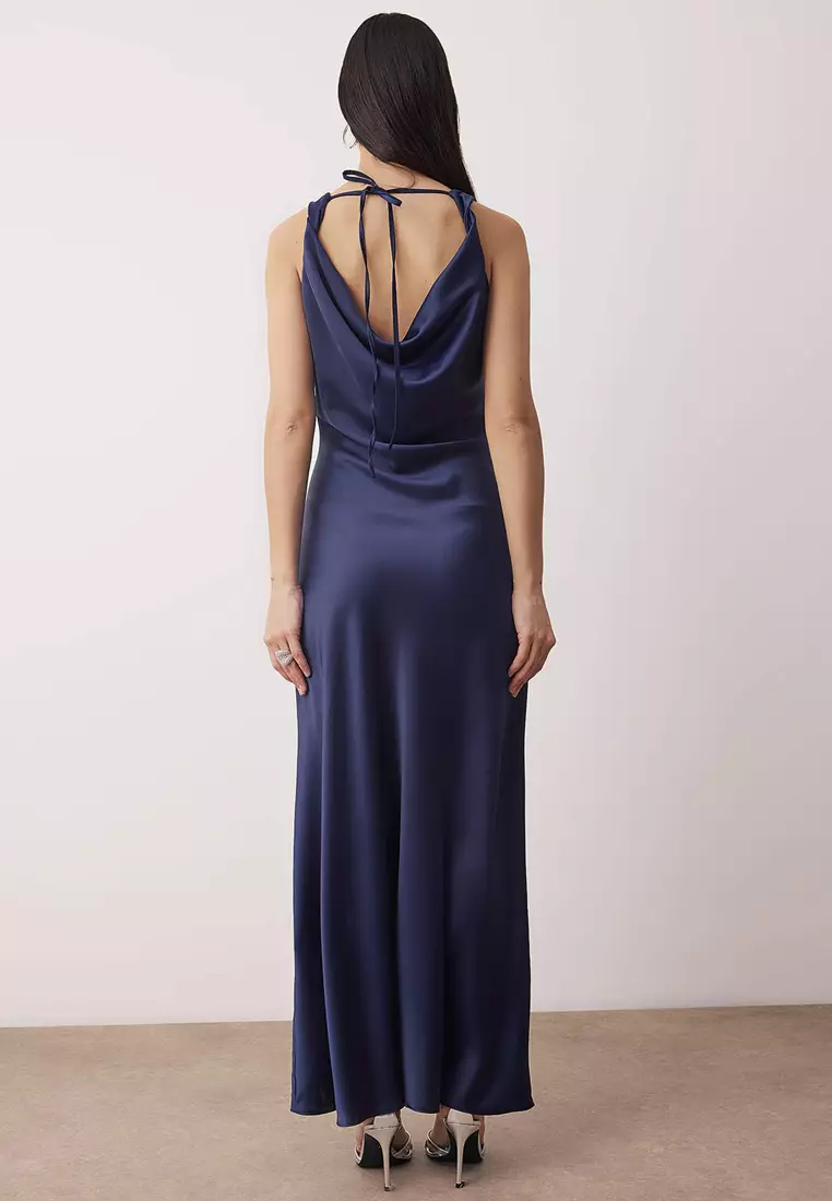Navy Blue A-Line Degaje Collar Satin Maxi Stylish Dress Tprss25El318