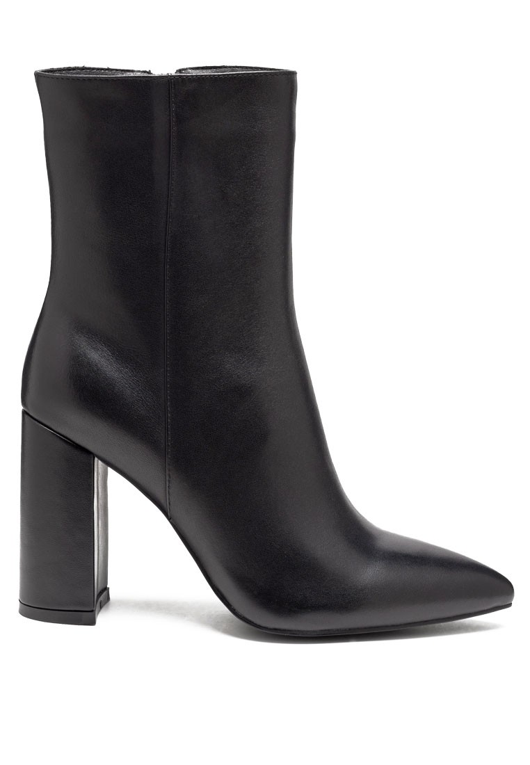 Block Heeled Leather Ankle Boot in Black